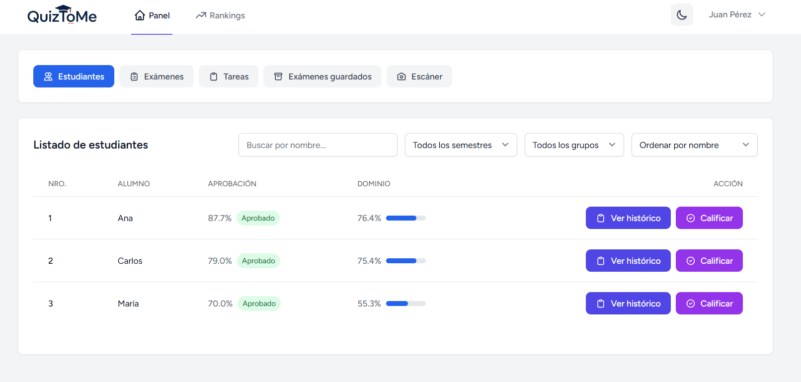 Interfaz de gestión de estudiantes