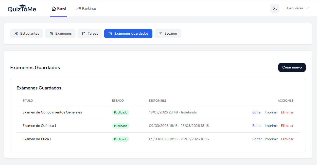 Vista de exámenes guardados