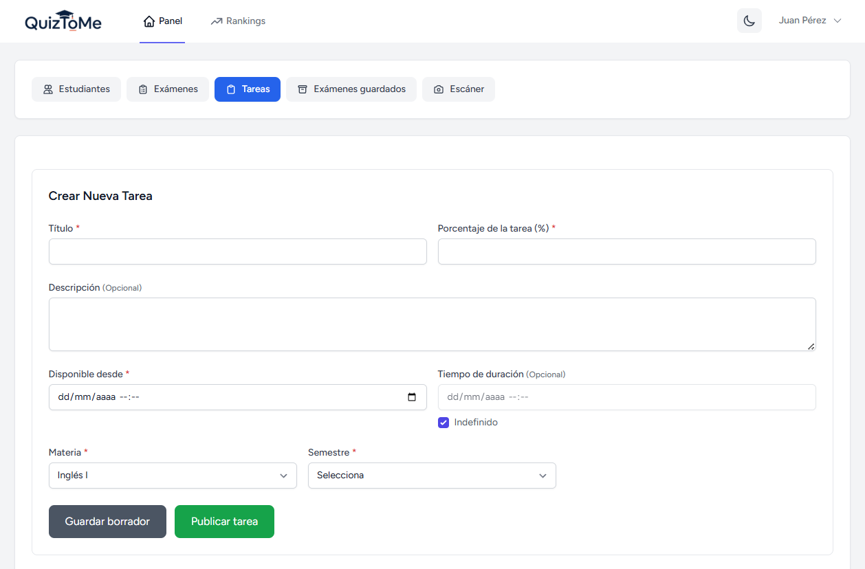 Interfaz de creación de tareas